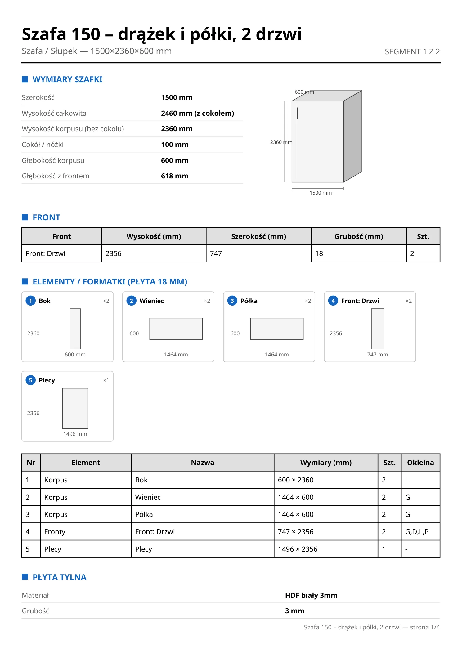 Wygenerowana instrukcja montażu PDF z wymiarami i listą formatek