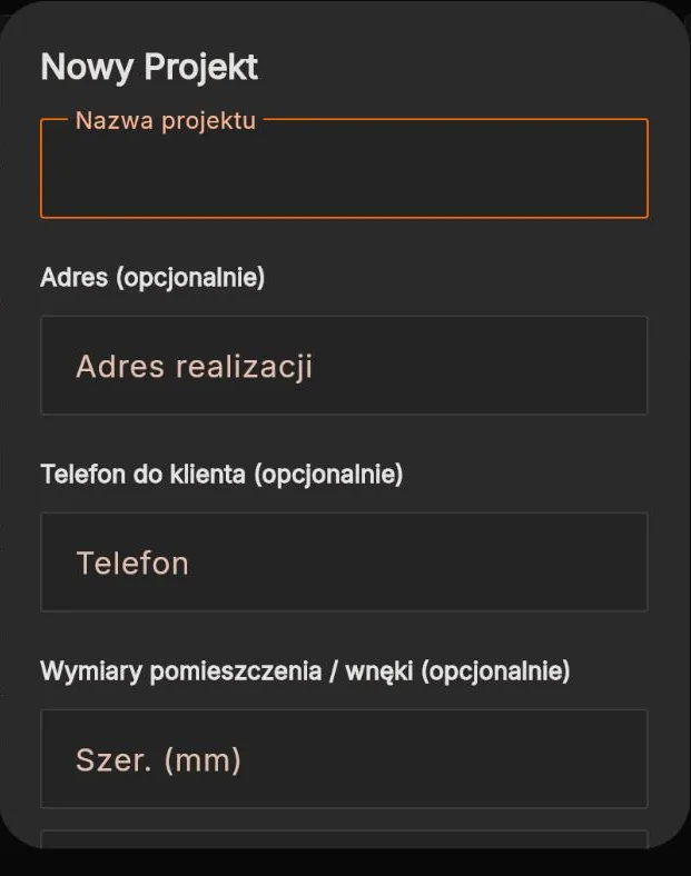 Formularz zakładania nowego projektu z adresem realizacji